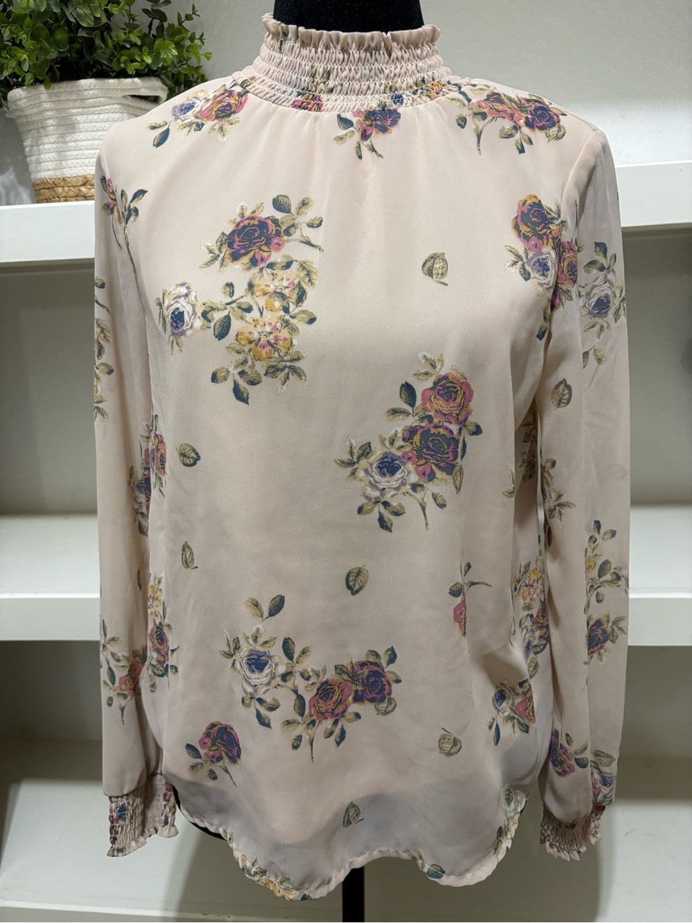 Floral Smocked Neck Blouse - Pale Pink